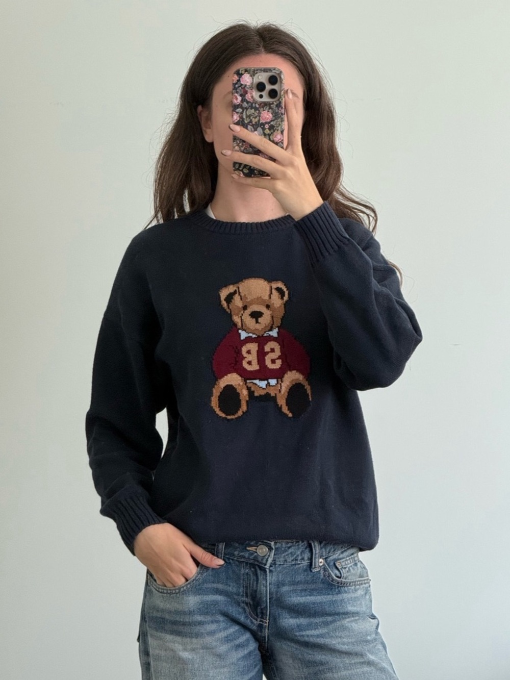 Aritzia Sunday Best Navy Teddy Bear Graphic Crewneck Sweater